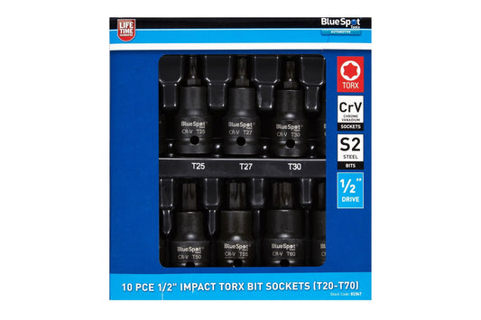 10 PCE 1/2" IMPACT TORX BIT SOCKETS (T20-T70)
