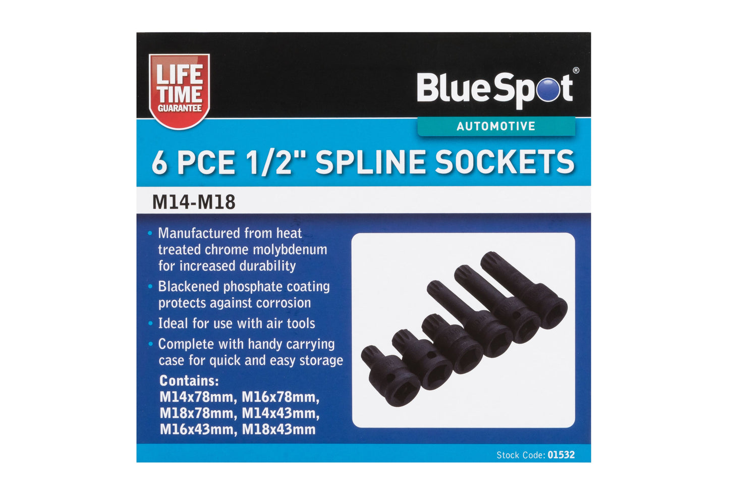 6 PCE 1/2" SPLINE SOCKETS (M14-M18)