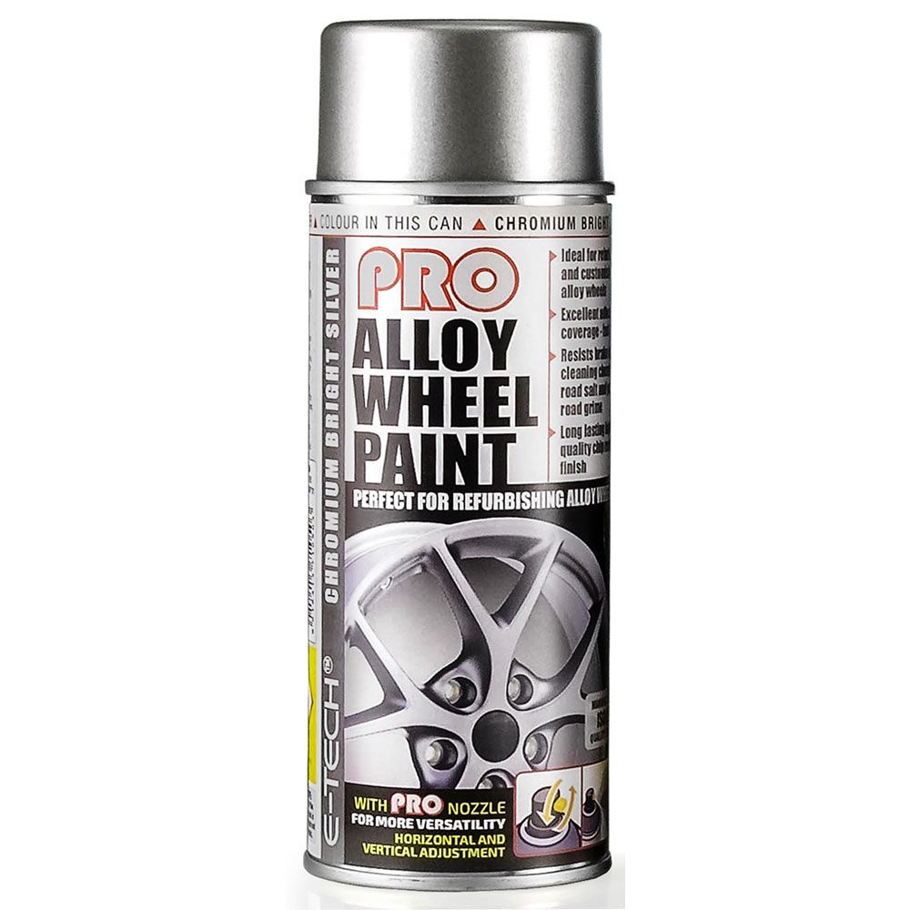 E-TECH Pro Alloy Wheel Spray Paint Chromium Bright Silver 400ML Car Chip Resis