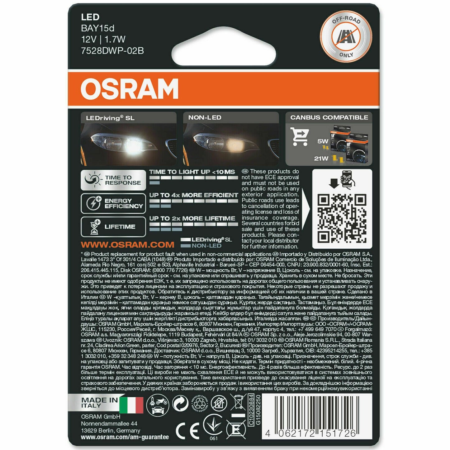 OSRAM LEDriving SL LED P21/5W 6000K Cool White Car Bulb (Twin) BAY15d | 12V